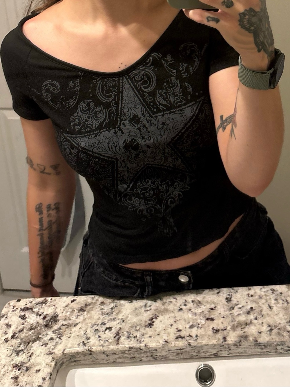 Black Off the Shoulder Star Tee - Women